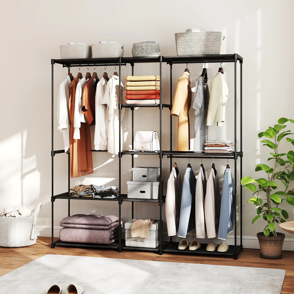 HOMCOM Dulap Garderobă din Material Textil cu 8 Rafturi și 3 Bare pentru Agățat, 182x43x185 cm, Negru | Aosom Romania