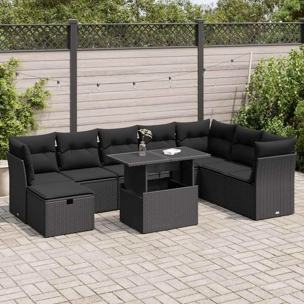 3327795 vidaXL Set mobilier de grădină cu perne, 9 piese, negru, poliratan