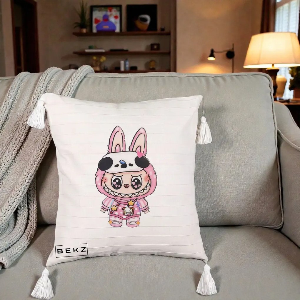 Perna Personalizata Labubu Panda-Bunny Roz, 40x40 cm, Bej cu Franjuri, Husa Detasabila, Perna Inclusa, BEKZ®