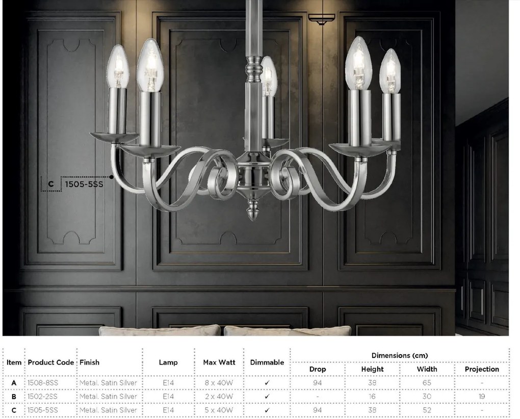 Lustra clasica suspendata design traditional Richmond 5L argintiu 1505-5SS SRT