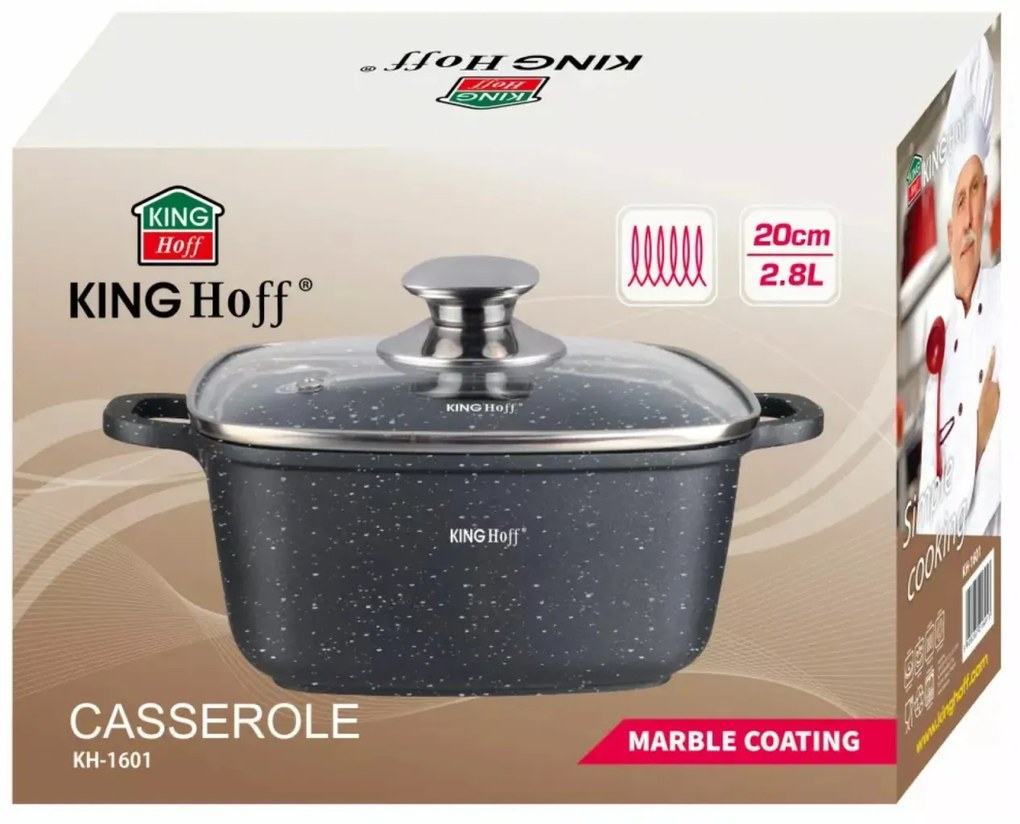 Oală pătrată cu capac 20x20 cm, 2.8L – Kinghoff KH 1601, neagră, cu strat antiaderent din marmură, compatibilă cu inducție