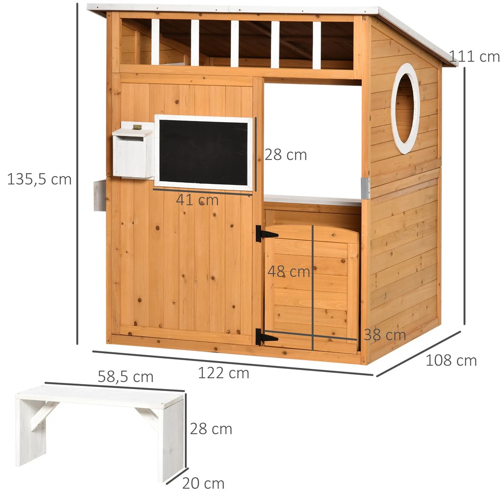 Outsunny Cabană de joacă pentru copii casă de grădină din lemn cu ușă și ferestre, banc, cutie poștală, tablou, de la 3 la 8 ani | Aosom Romania