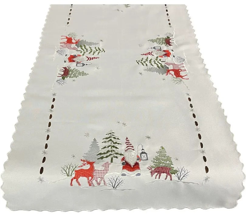 Traversa alba de Crăciun cu broderie de elf și ren Lățime: 40 cm | Lungime: 160 cm