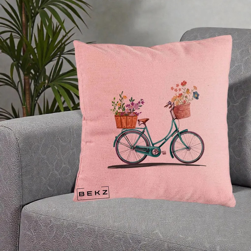Perna Decorativa Bicicleta Florala Turcoaz Acuarela, 40x40 cm, Roz, Husa Detasabila, Perna Inclusa, BEKZ®