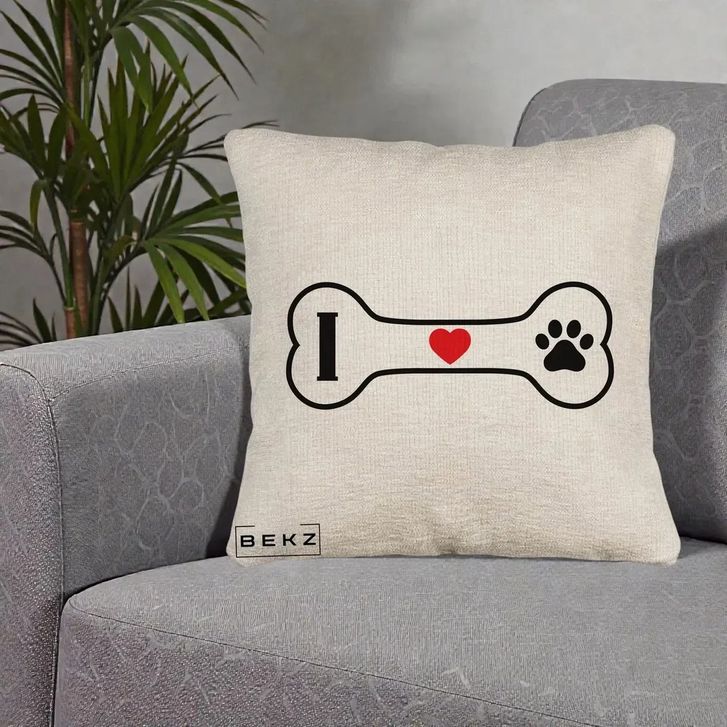 Perna Personalizata I Love Dog Os si Labuta, 40x40 cm, Bej Canapea, Husa Detasabila, Perna Inclusa, BEKZ®