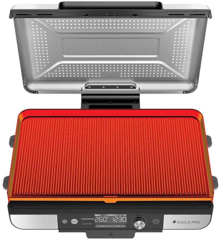 Grătar electric Ninja Sizzle Pro XL GX101EU, 1800W, 120°-260°C, 2 pliante ceramice, 10 burgeri, ProTemp IQ, Capac de schimb, Ceren/Inox