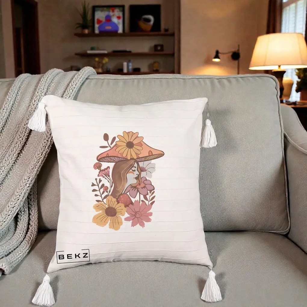 Perna Decorativa Fata Ciuperca Florala Boho, 40x40 cm, Bej cu Franjuri, Husa Detasabila, Perna Inclusa, BEKZ®