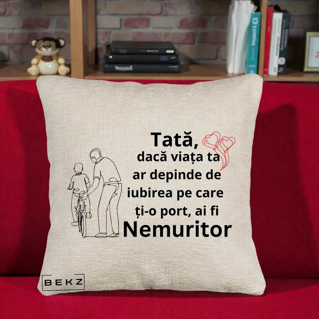 Cadou pentru Tata - Perna Personalizata Tata Nemuritor Bicicleta, 40x40 cm, Bej Canapea, Husa Detasabila, Perna Inclusa, BEKZ®