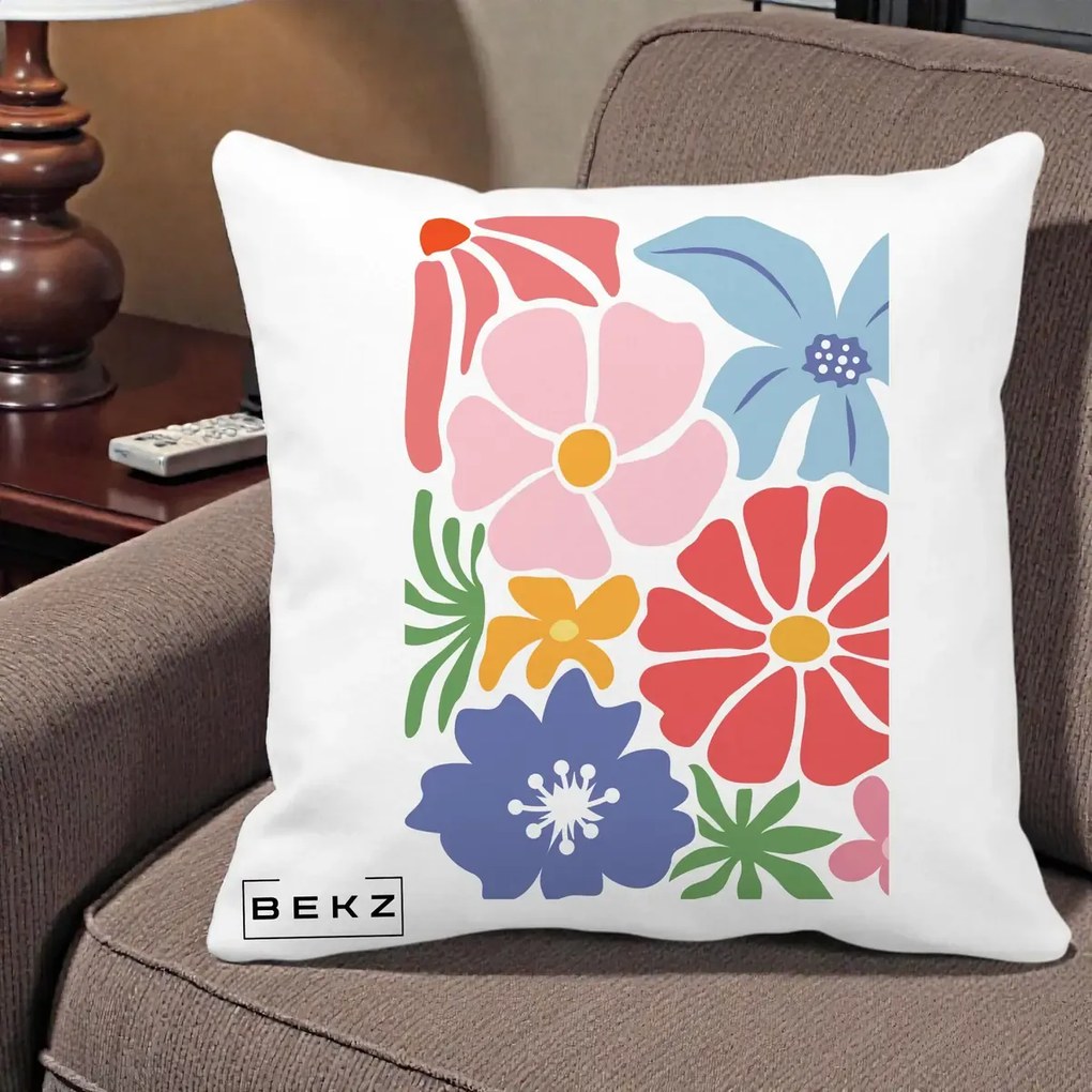 Perna Decorativa Flori Grafice Roz-Rosu-Albastru, 40x40 cm, Alba Mata, Husa Detasabila, Perna Inclusa, BEKZ®