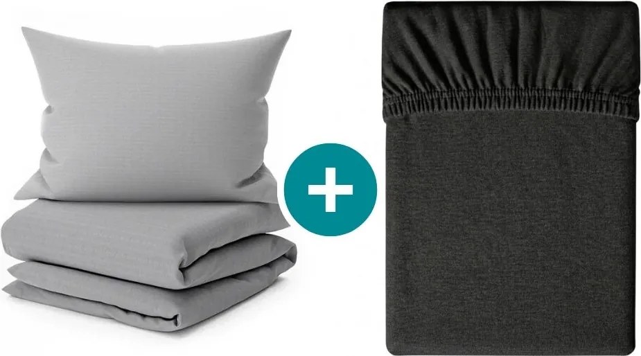 Set lenjerie de pat creponata DENYX BLEND gri, buzunar hotel + Cearsaf Jersey 90 x 200 cm gri inchis, pat single