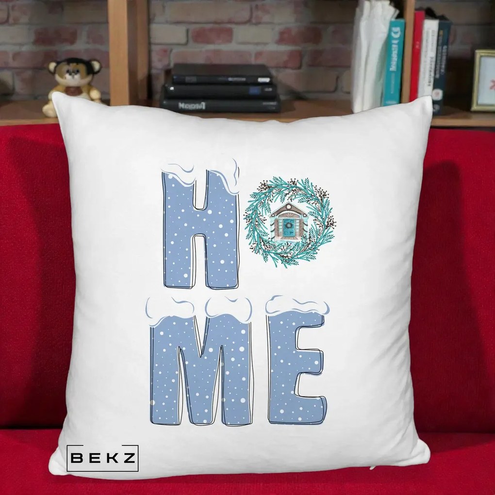 Perna Decorativa HOME Iarna cu Coroana, 40x40 cm, Alb Pufos, Husa Detasabila, Perna Inclusa, BEKZ®