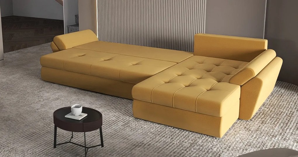 Colțar extensibil dumonde cu ladă de depozitare si sezut confortabil din spuma high-density, Loana XL Royal Mustar 335x185 cm