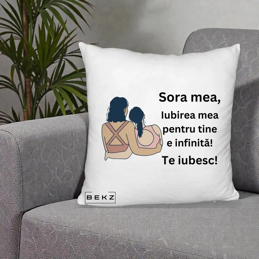 Cadou pentru Sora - Perna Personalizata Sora Mea Te Iubesc Doua Fete Fashioniste Line Art, 40x40 cm, Alb Pufos, Husa Detasabila, Perna Inclusa, BEKZ®