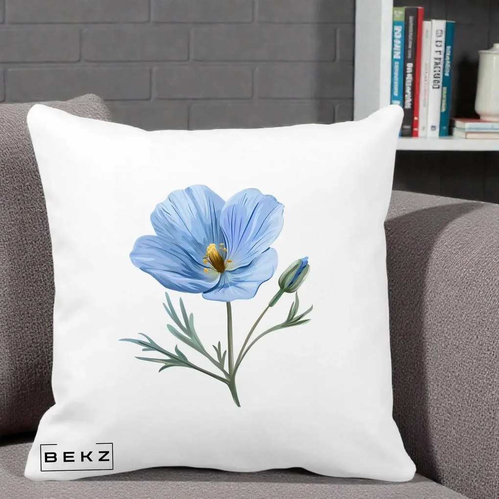 Perna Decorativa Mac Albastru Acuarela, 40x40 cm, Alba Mata, Husa Detasabila, Perna Inclusa, BEKZ®