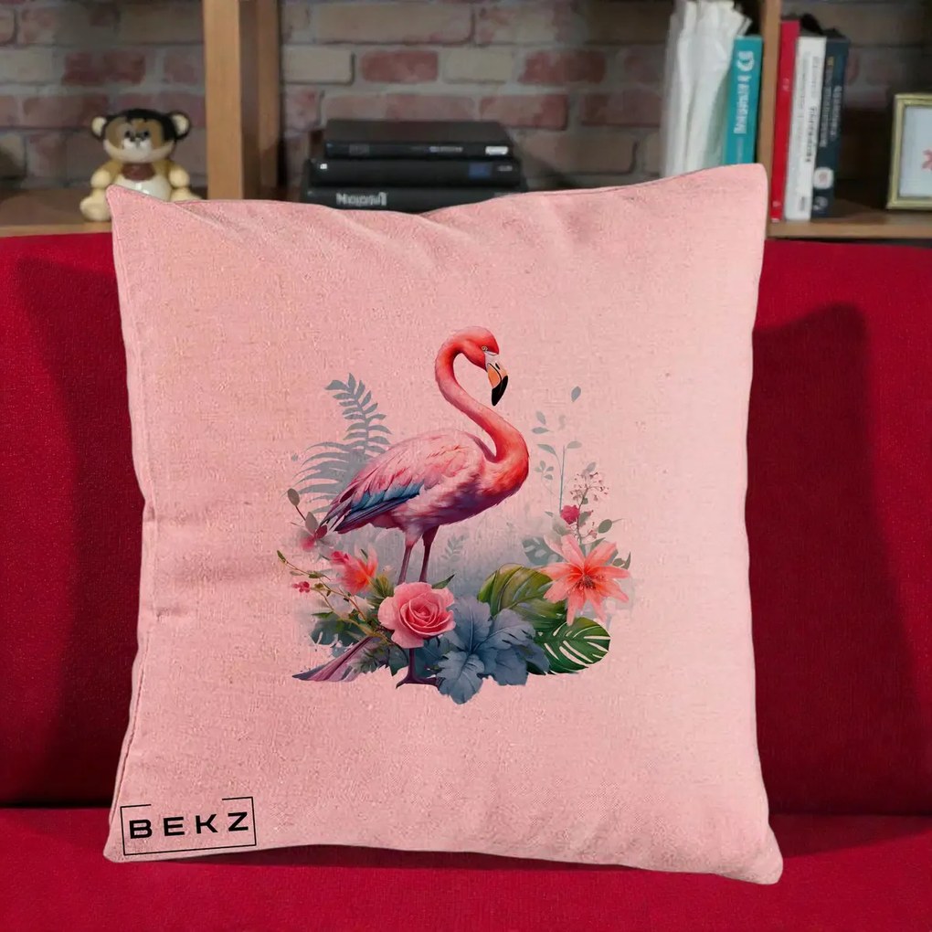 Perna Decorativa Flamingo cu Flori Tropicale Acuarela, 40x40 cm, Roz, Husa Detasabila, Perna Inclusa, BEKZ®