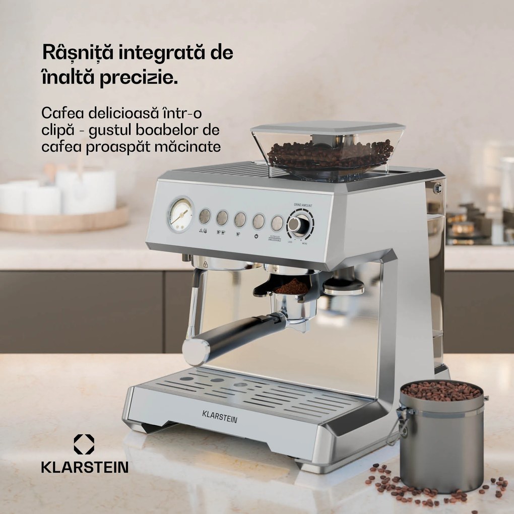 Klarstein Espressor GrandPresso, râșniță de precizie, duză de abur, portafiltru, indicator de presiune, 20 bar.