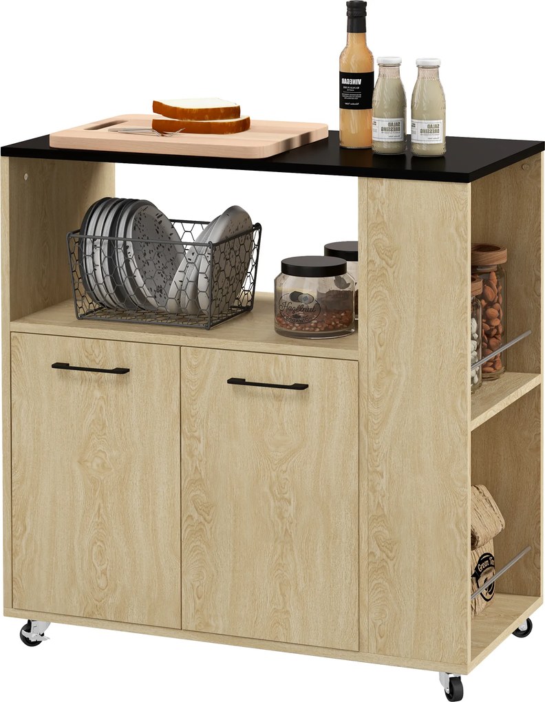 Cărucior de bucătărie din PAL cu raft deschis, dulap cu 2 uși și poliță laterală cu 2 niveluri, 75x40x80,5cm stejar și negru HOMCOM | Aosom Romania