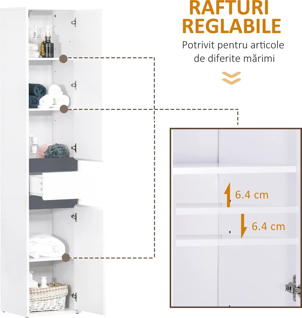 HOMCOM Dulap de Baie tip Coloană, cu 2 Dulapuri cu Polițe Reglabile și Sertar Central, Dulap Baie din Lemn, 35x31x172 cm, Alb | Aosom Romania