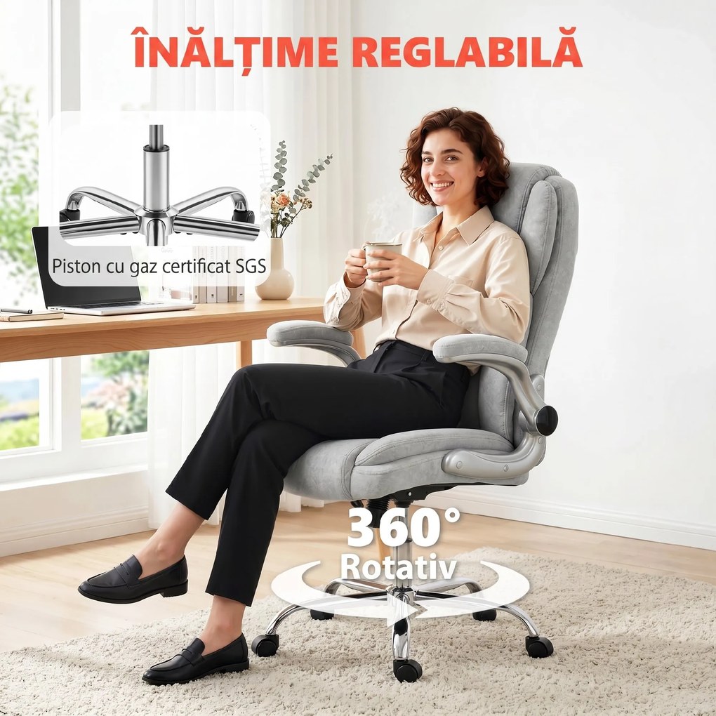 Scaun Ergonomic HOMCOM, Spătar Înalt, Tapițat în Catifea Imprimată, Cotiere Rabatabile, Alb Crem | Aosom Romania