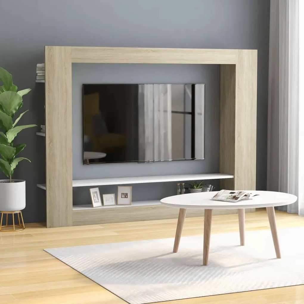 800743 vidaXL Comodă TV, alb și stejar Sonoma, 152 x 22 x 113 cm, PAL