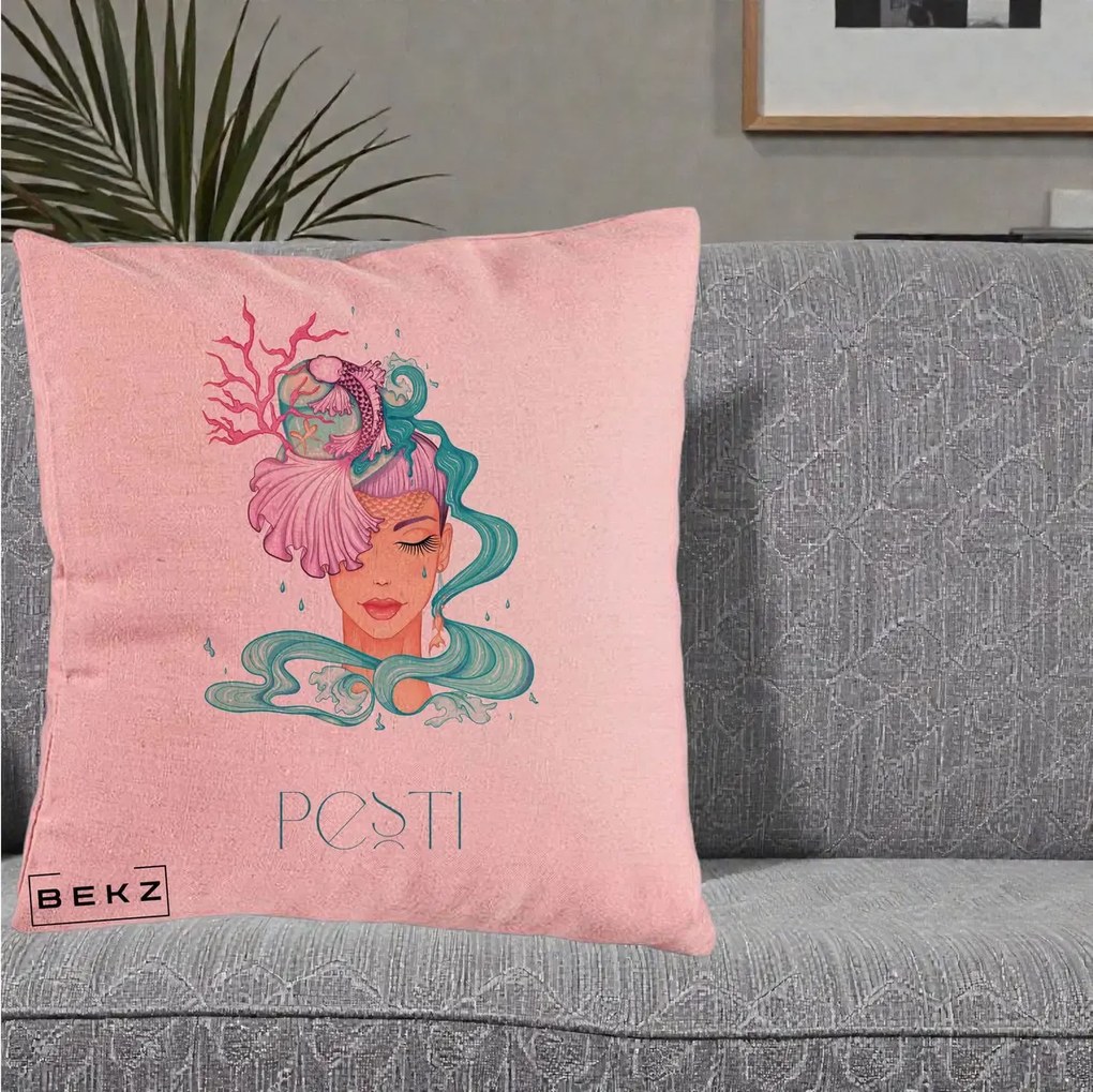 Perna Personalizata Zodiac Pesti Cowgirl, 40x40 cm, Roz, Husa Detasabila, Perna Inclusa, BEKZ®