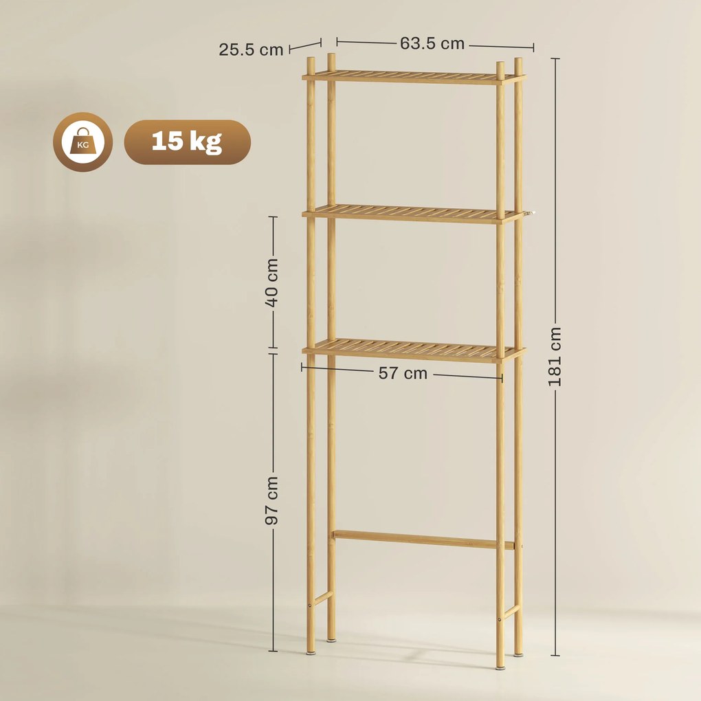 HOMCOM Unitate de Depozitare Deasupra Toaletei din Bambus cu 3 Rafturi, 63,5x25,5x181 cm, Lemn Natural | Aosom Romania