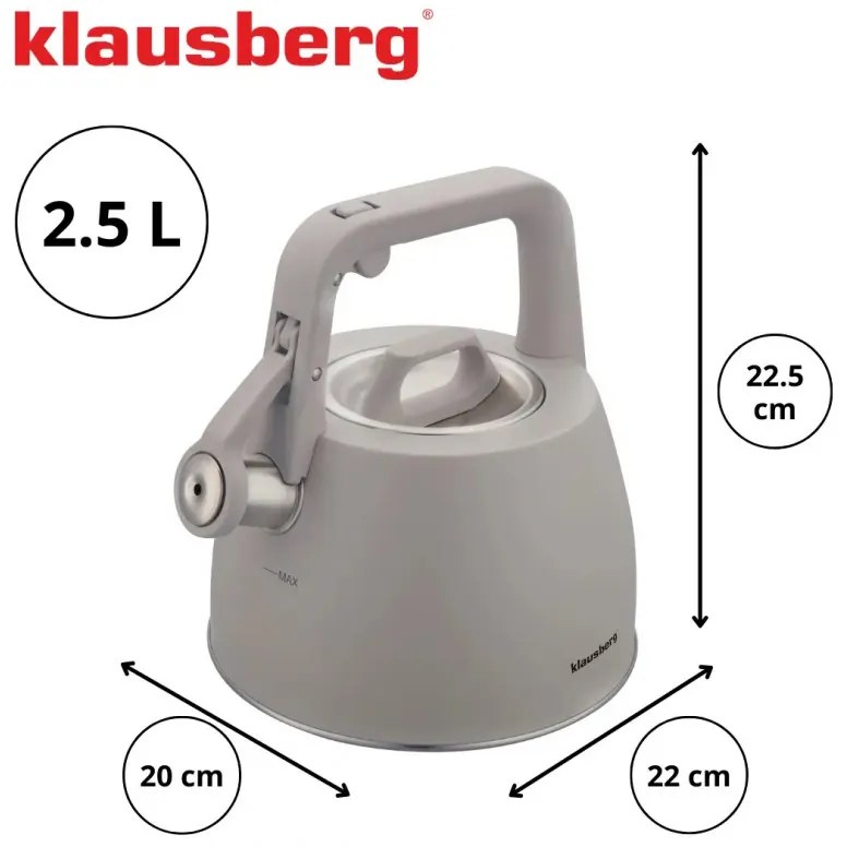 Ceainic cu fluier Klausberg KB 7916, 2.5 l, Maner izolat termic, Inductie, Gri