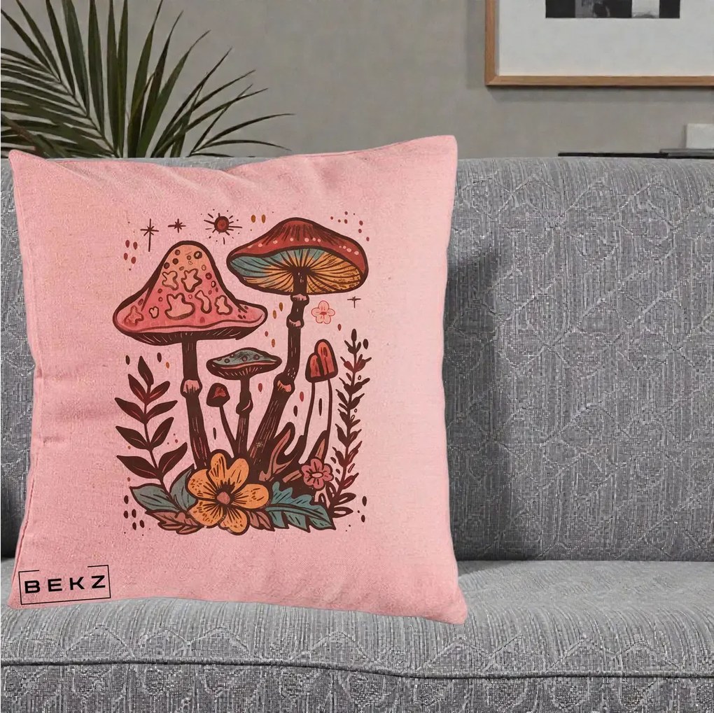 Perna decorativa Ciuperci Boho Multicolore, 40x40 cm cu Umplutura, Roz, BEKZ