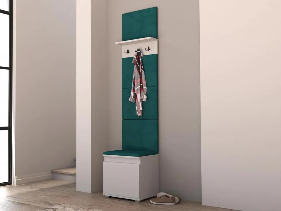 CUI522 - Cuier 50x37x214 cm - 3 agatatori haine, hol, pantofar - Alb, tapiterie Verde/Gri/Albastru