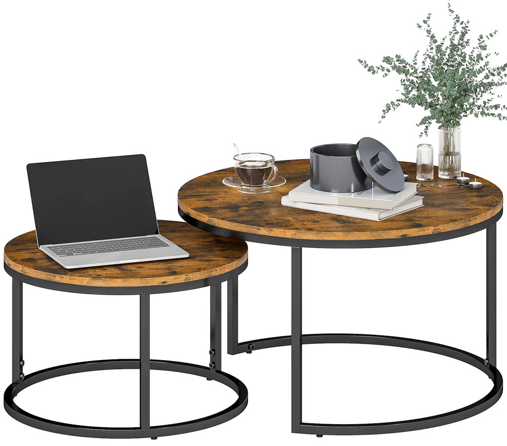 HOMCOM Set de 2 măsuțe nesting stivuibile design industrial blat cu aspect de ciment picioare din metal maro rustic | Aosom Romania