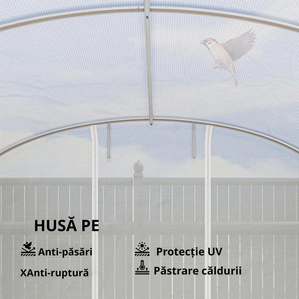 Outsunny Seră tunel de grădină 24 m², seră tunel cu cadru din oțel galvanizat, uși și 2 ferestre mari, alb | Aosom Romania