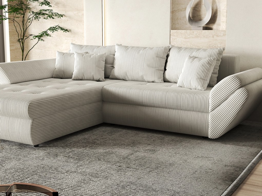 Colțar extensibil dumonde cu ladă de depozitare si sezut confortabil din spuma high-density, Loana Zoom Crem 270x185 cm