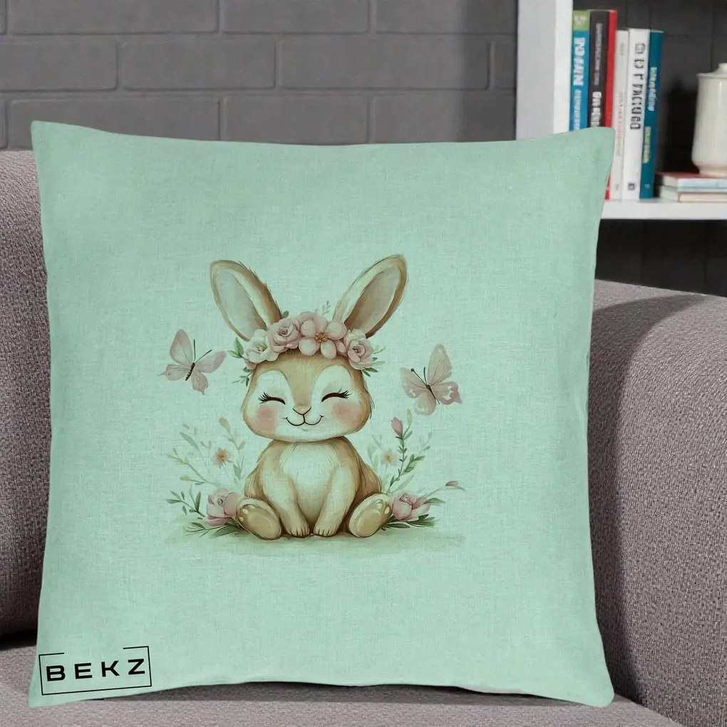Perna Decorativa Iepuras cu Coronita Florala Roz, 40x40 cm, Verde Menta, Husa Detasabila, Perna Inclusa, BEKZ®
