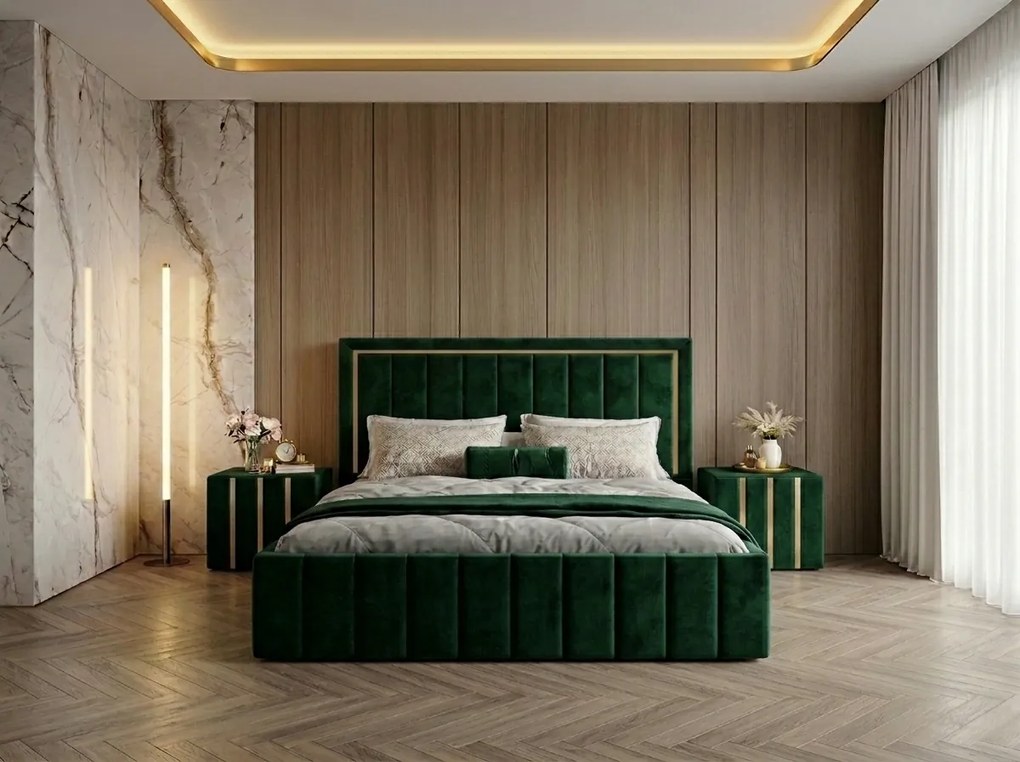 Pat tapitat Atena 140x200 cm, Verde + Saltea Superortopedica Gold, grosime 20 cm + Set 2 noptiere Hugo, Verde