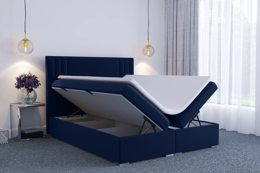 Pat matrimonial Boxspring 140 cm Morcano (albastru închis) (cu sp. depozitare). 1020335