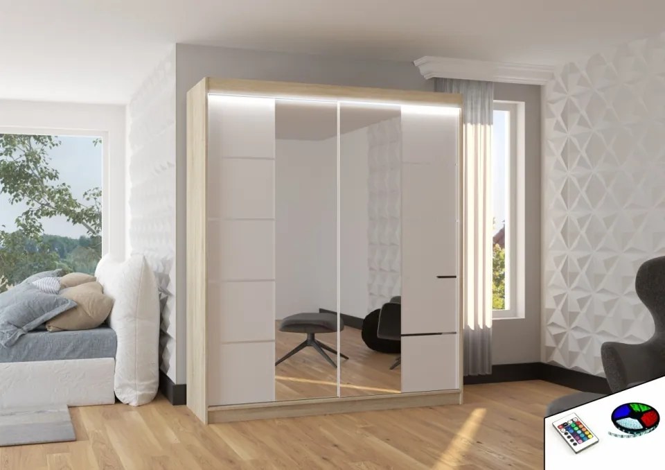 Dulap cu usi glisante si oglinda + iluminare LED, Traves 180 + LED, 180 cmx200 cmx58 cm, ADRK Furniture (Culoare: Negru / Alb)