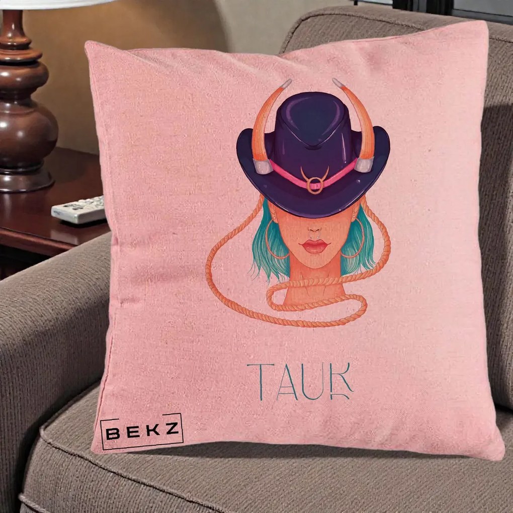 Perna Personalizata Zodie Taur, 40x40 cm, Roz, Husa Detasabila, Perna Inclusa, BEKZ®