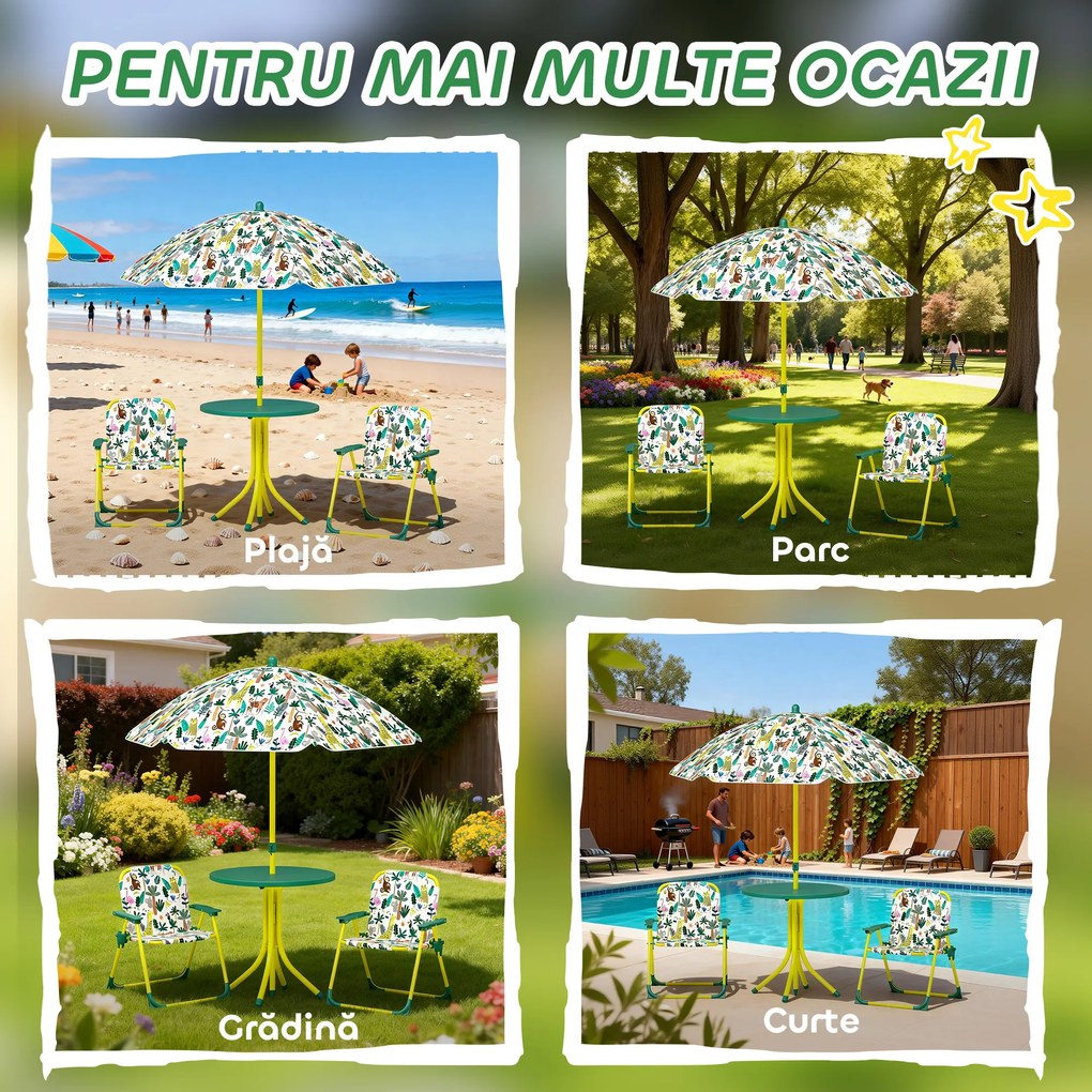 AIYAPLAY Masă de Picnic pentru Copii, Set Masă și Două Scaune Pliabile cu Umbrelă Demontabilă, Tematică Jungle, Mobilier de Exterior pentru Grădină, Terasă, Verde | Aosom Romania