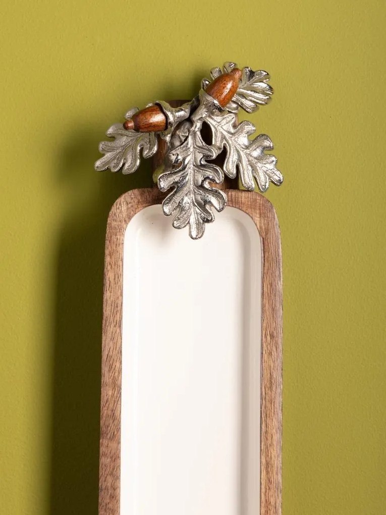 Platou decorativ din lemn de mango decorat cu ghinde și frunze de stejar din aluminiu auriu și argintiu, formă dreptunghiulară, 2 × 38 × 10 cm,