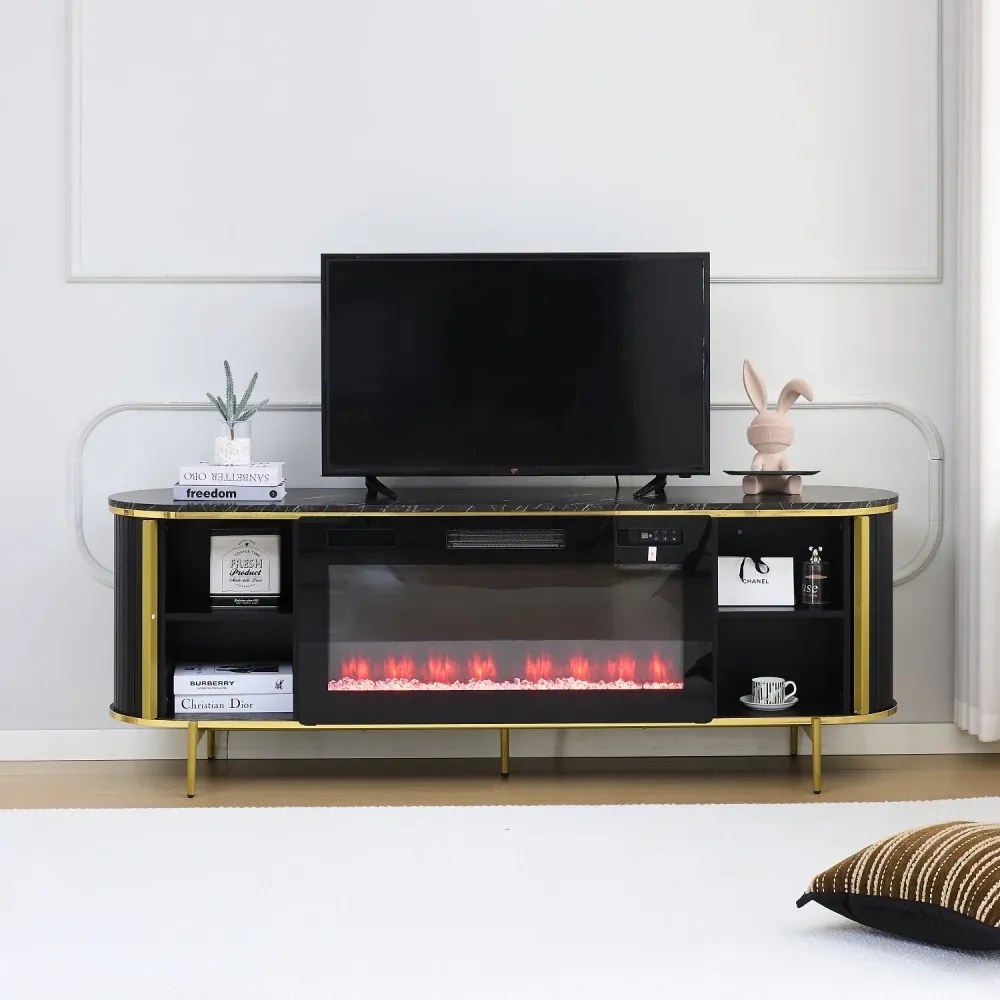 Comodă TV cu șemineu electric cu Încălzire, iluminare LED , 12 culori, Telecomandă, 180 cm, MOB190 Negru