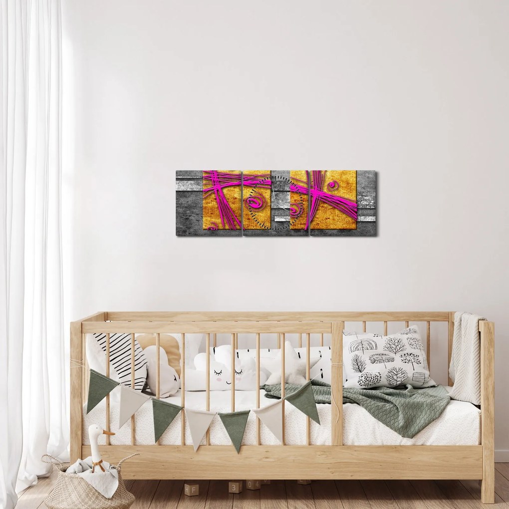 Tablou - Pătratr colorate pe fond negru (cu ceas) (90x30 cm)