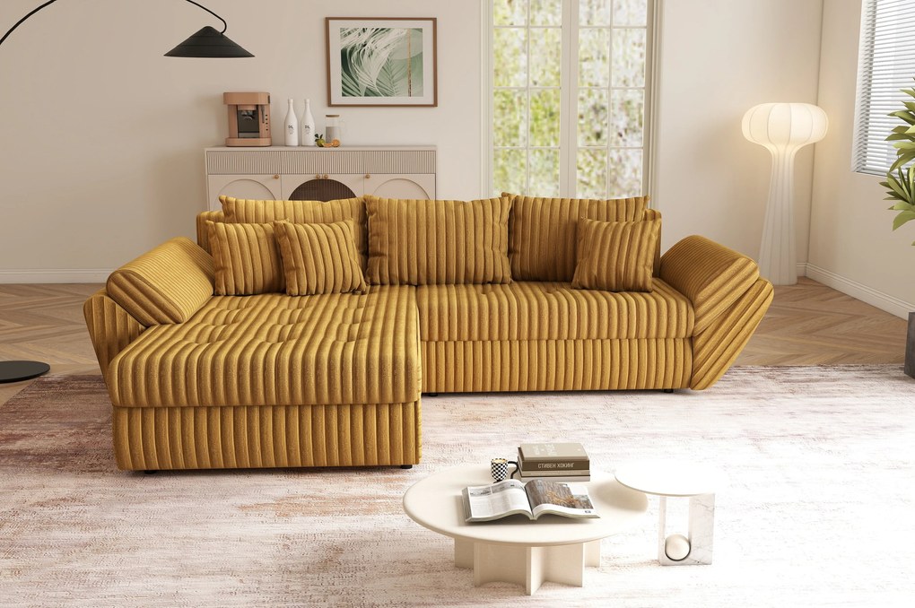 Colțar extensibil dumonde cu ladă de depozitare si sezut confortabil din spuma high-density, Loana Ambience Mustar 270x185 cm