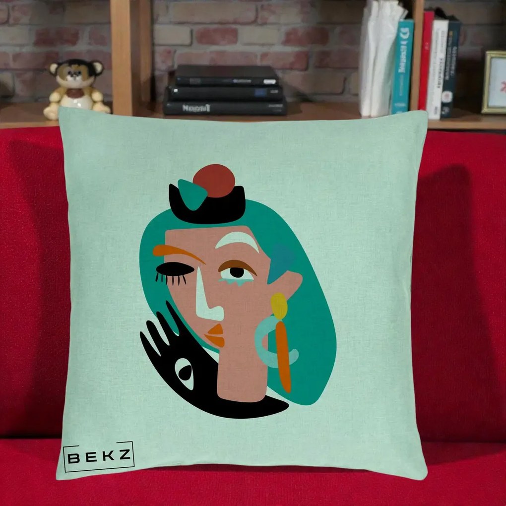 Perna Decorativa Portret Abstract Matisse Turcoaz, 40x40 cm, Verde Menta, Husa Detasabila, Perna Inclusa, BEKZ®