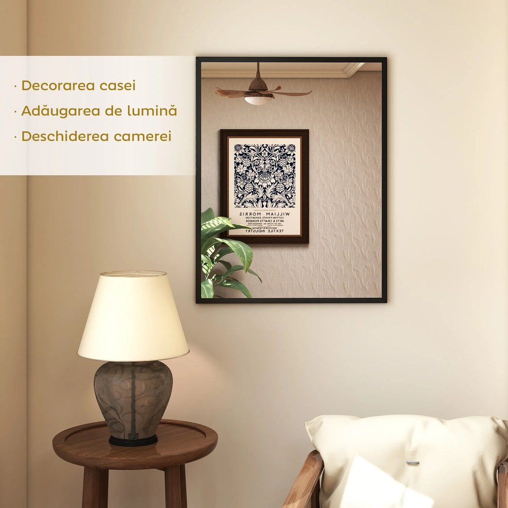 HOMCOM Oglindă de Perete din Sticlă și MDF, cu Cârlige, 70 x 90 cm, Negru | Aosom Romania