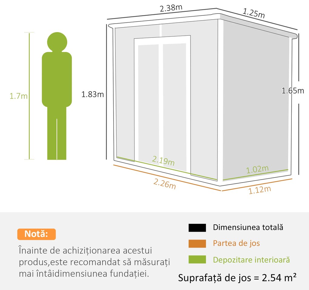 Outsunny Căsuță de Grădina pentru Unelte cu Podea, 2 Uși, Încuietoare și Acoperiș Înclinat, 238x125x183 cm, Gri | Aosom Romania