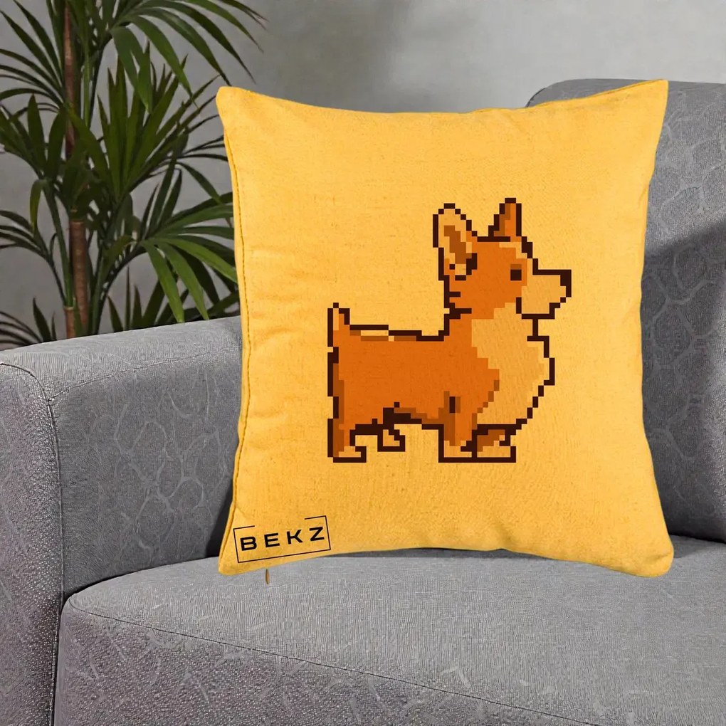 Perna Personalizata Corgi Pixel Art, 40x40 cm, Galben, Husa Detasabila, Perna Inclusa, BEKZ®