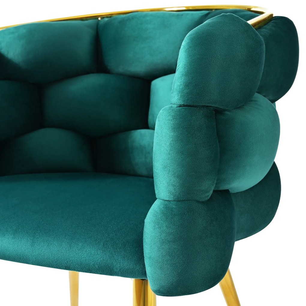 Scaun de lux din catifea, scaun de prânz cu picioare din fier auriu, suporturi frontale reglabile și spătar confortabil, 50×47×80 cm, Verde Închis