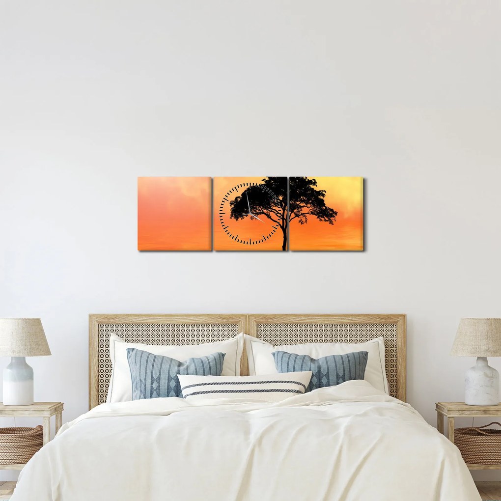 Tablou cu copac în apus de soare (cu ceas) (90x30 cm)