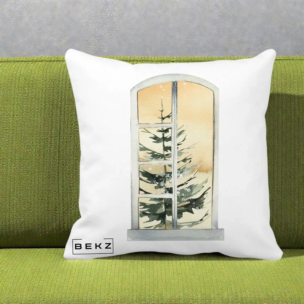 Perna Decorativa Fereastra cu Brad de Iarna, 40x40 cm, Alba Mata, Husa Detasabila, Perna Inclusa, BEKZ®