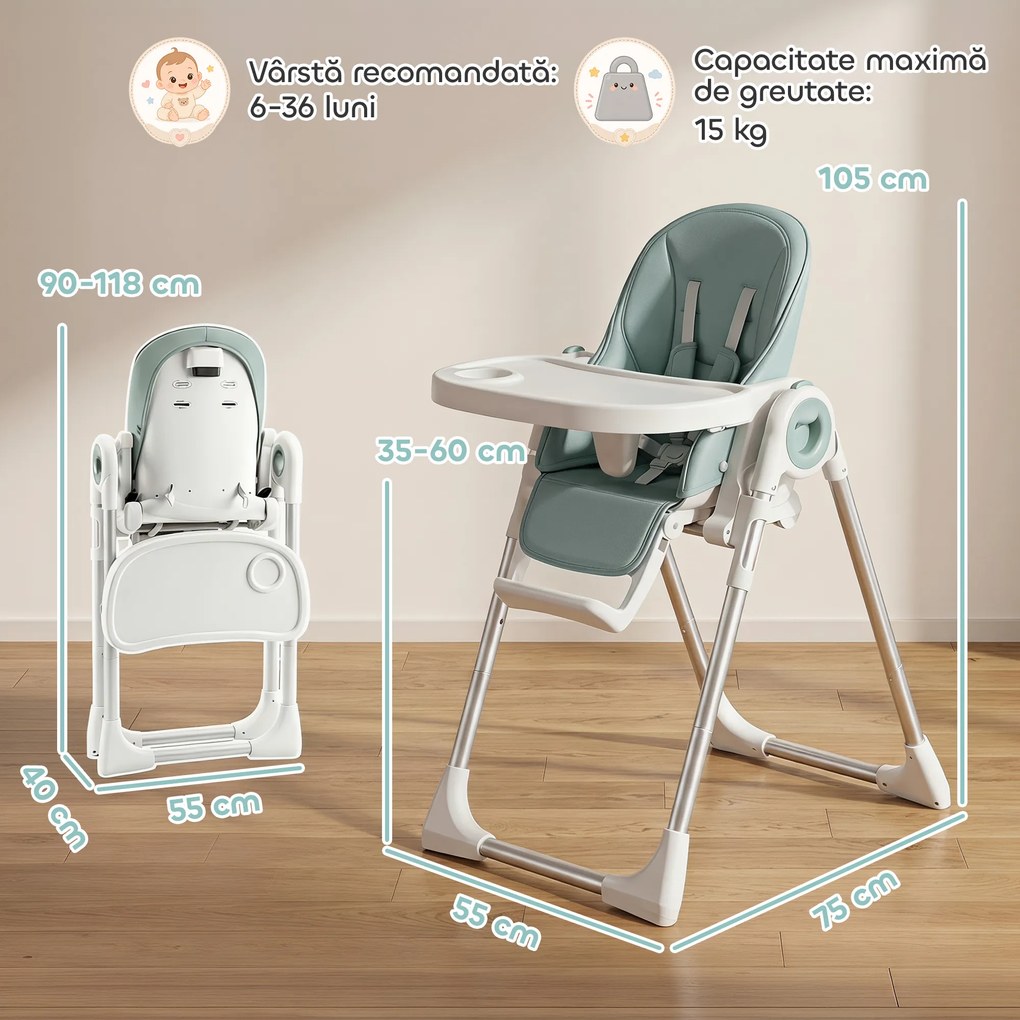 AIYAPLAY Scaun de Masă Pliabil pentru Copii 6-36 Luni cu Înălțime Reglabilă, Tăviță Dublă Lavabilă, Roți, Verde | Aosom Romania